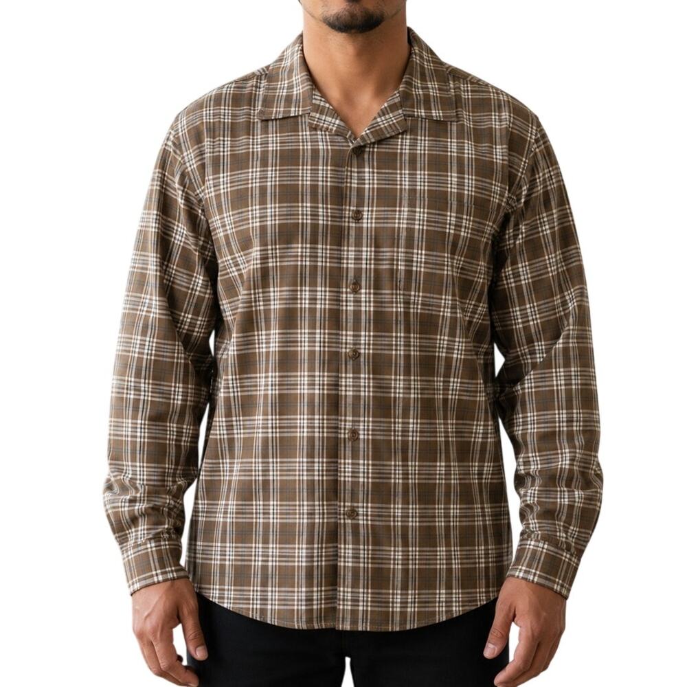 Stanley Brown Tan Plaid Button Up Shirt Stretch Workwear Cabincore Large